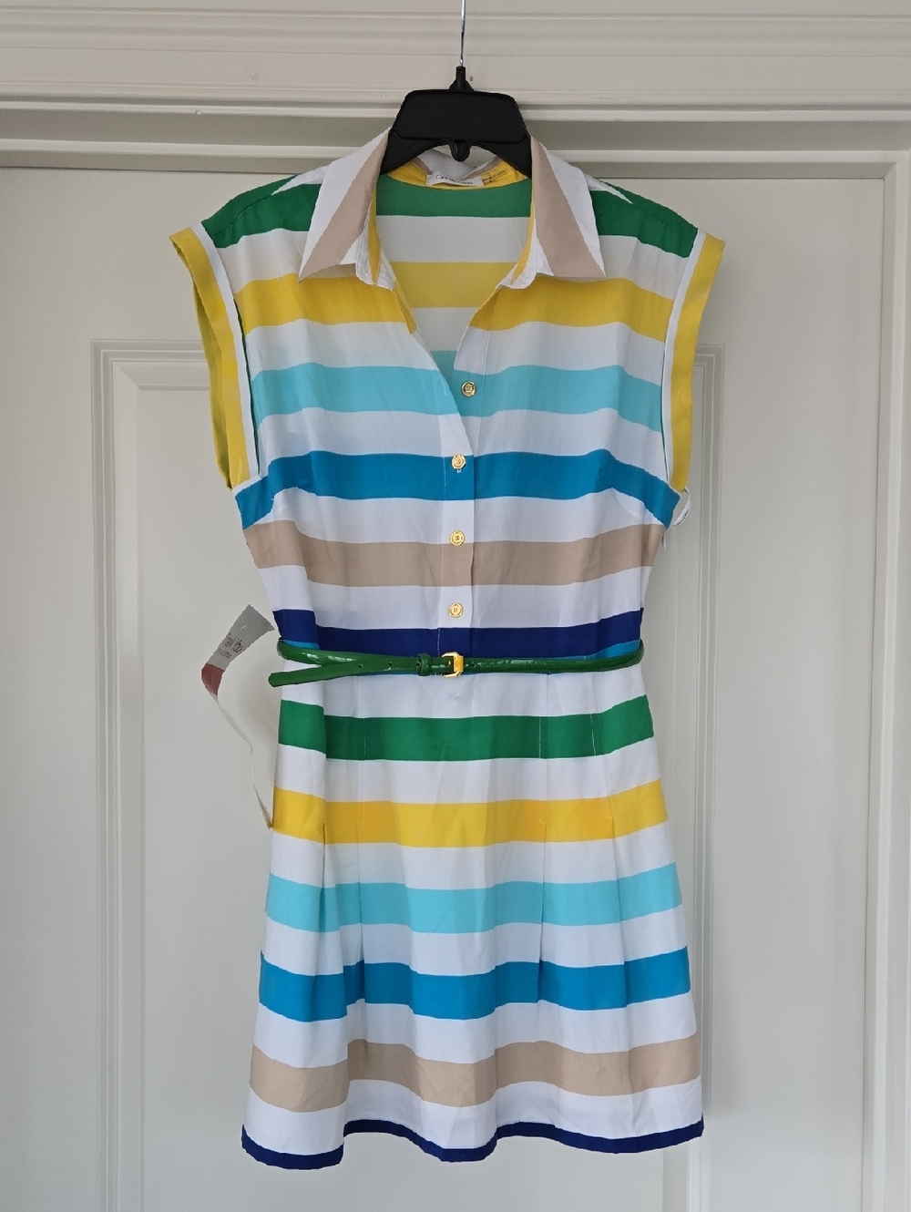 Calvin Klein Multicolor Striped Shirt Dress with Green Belt